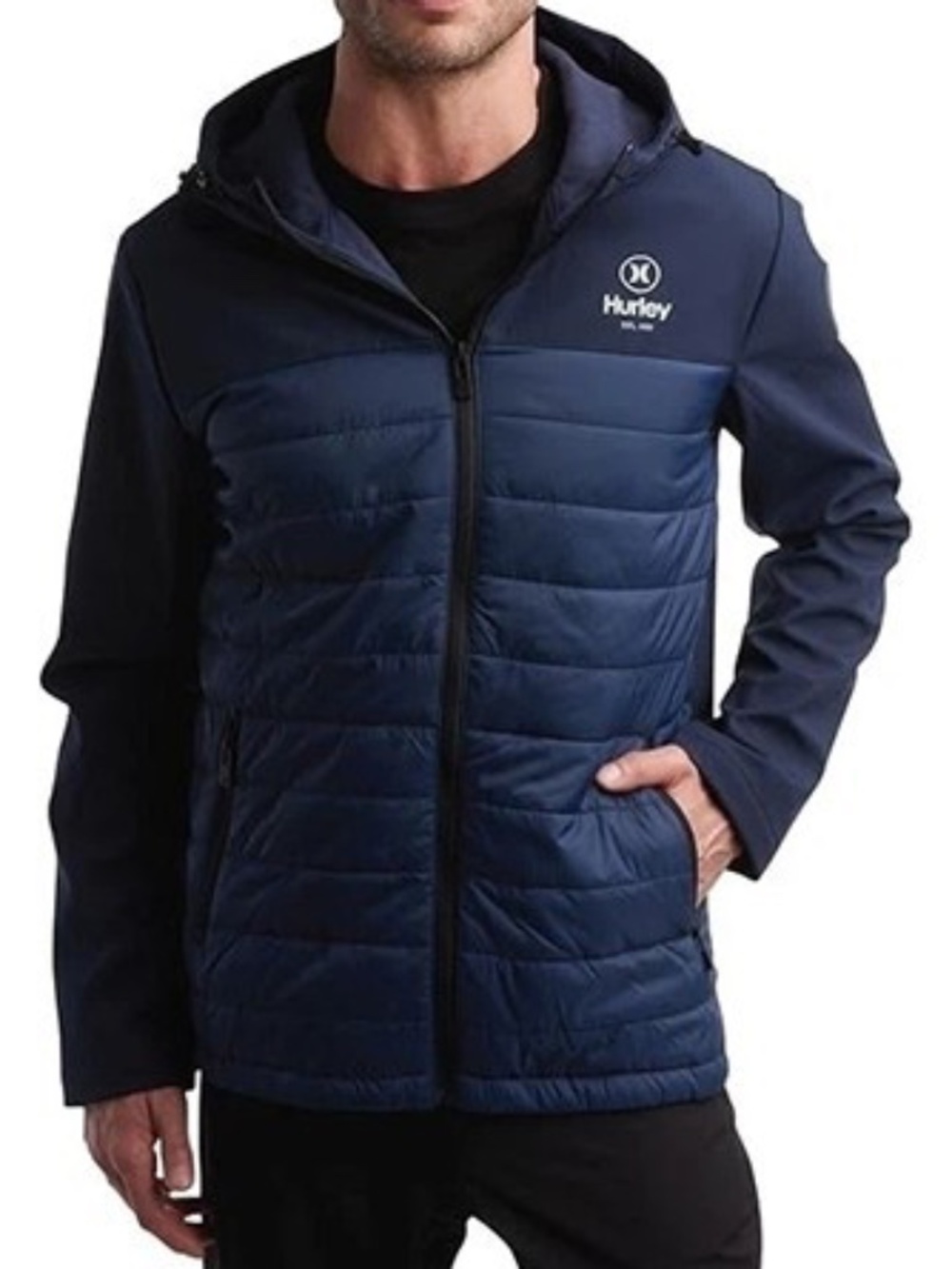 Hurley Mixed Media Soft Shell Hooded Jacket - Navy Blue Size M